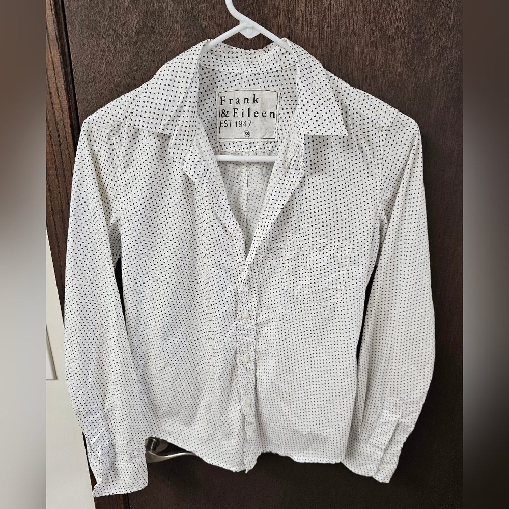 Frank & Eileen Barry Blue Heart Print Crinkle Cotton Button Up Shirt Sz XS